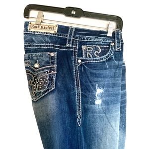 Rock Revival Sundee Jeans Women Size 36x35 Easy Boot Distressed Rhinestone Denim